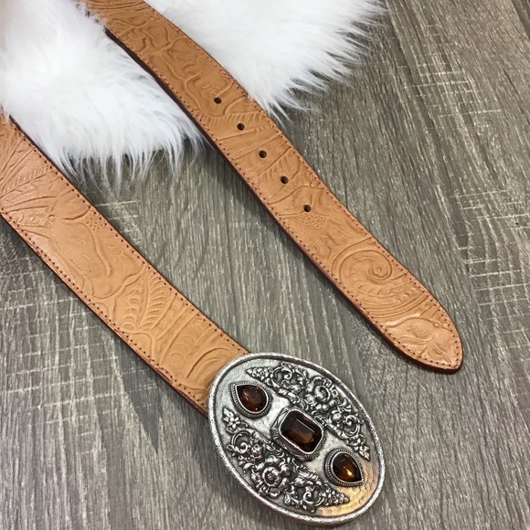 Moulin Rogue Silver Buckle Tan Tooled Leather Belt - Picture 2 of 7